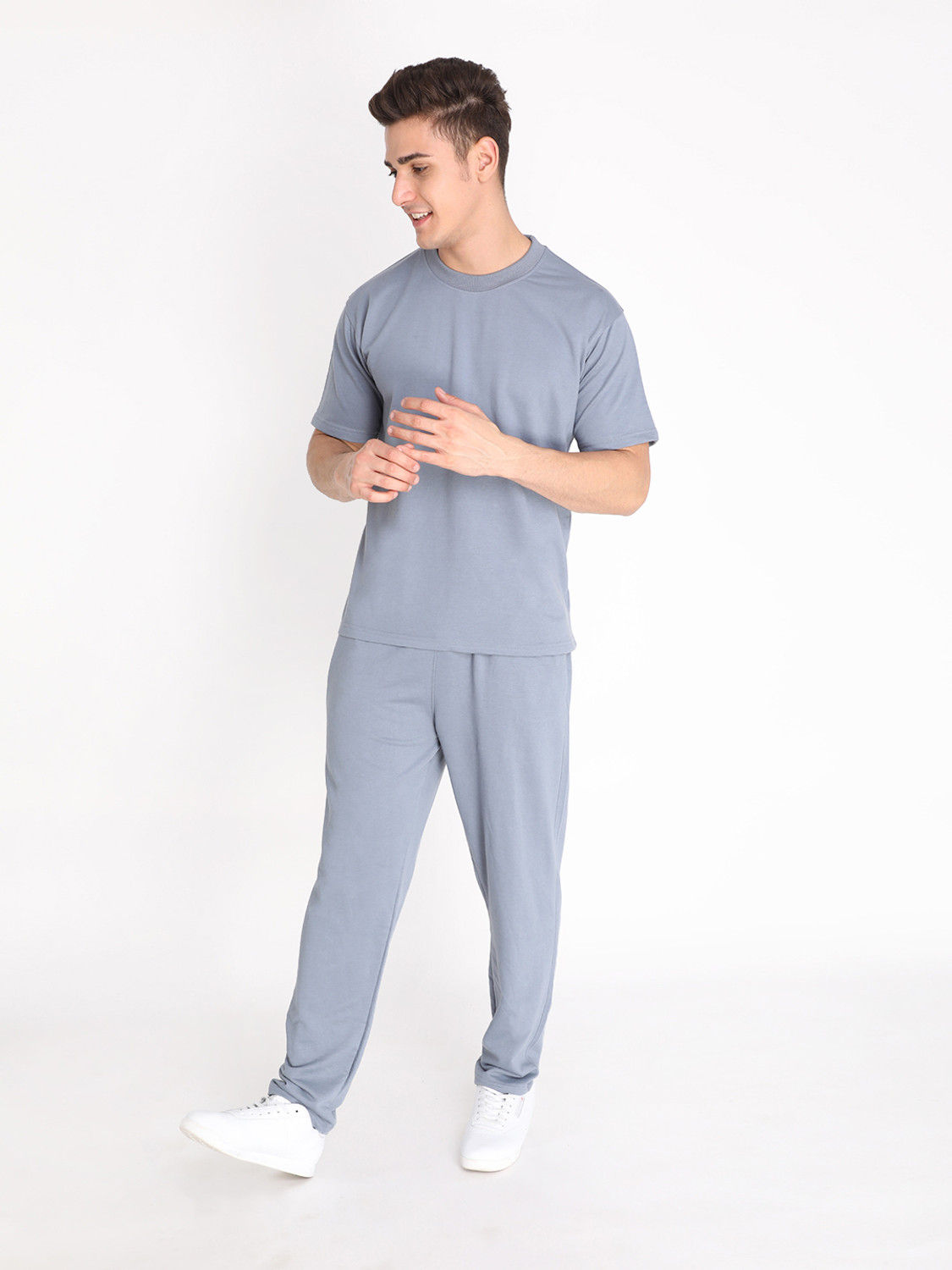 Image of CHKOKKO Men Solid Grey Top & Pyjama Set