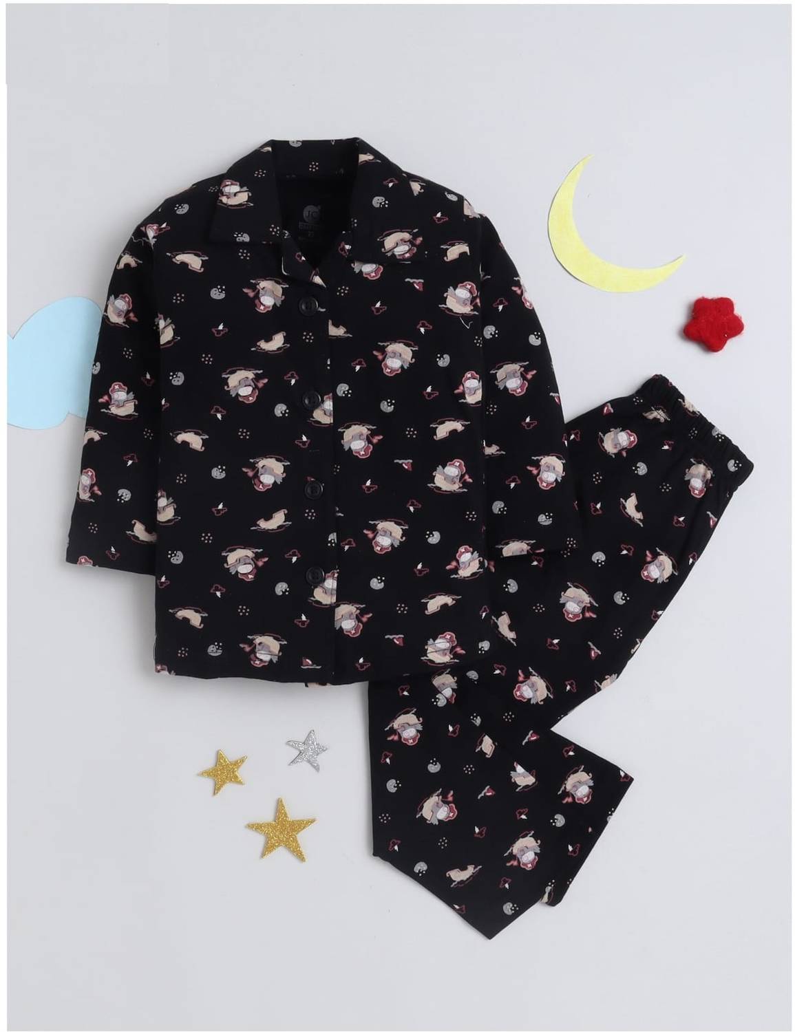 Aantic Boys & Girls Printed Black Night Suit Set