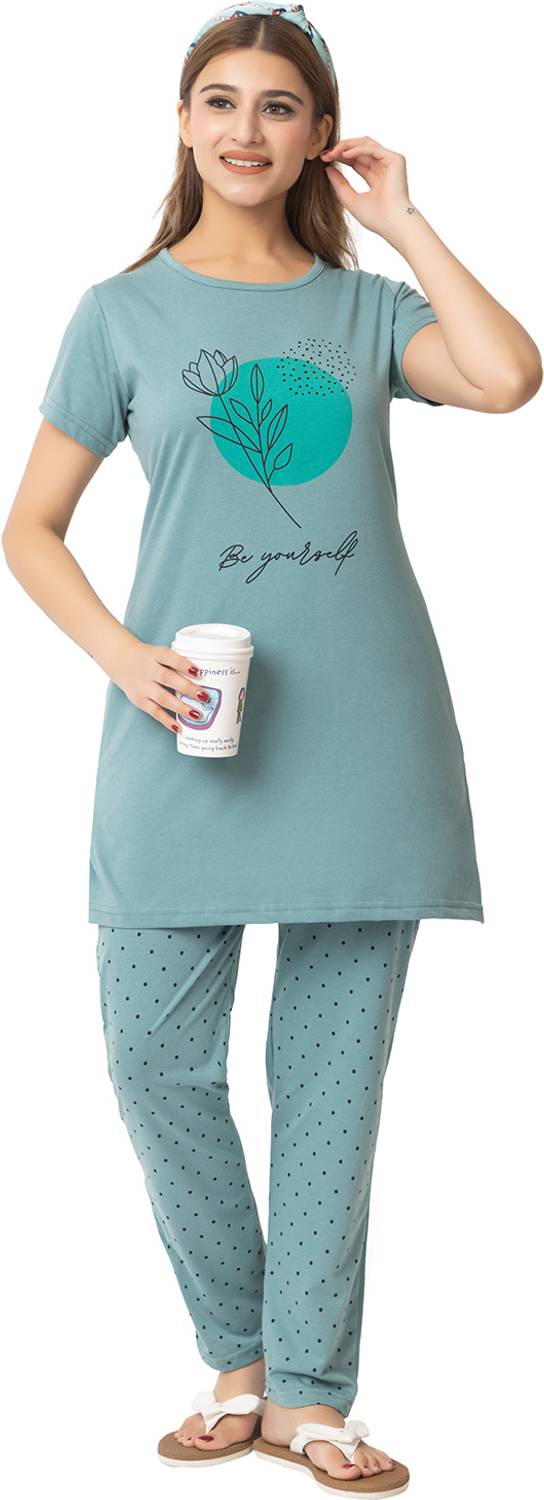 Looper Women Printed Green Top & Pyjama Set