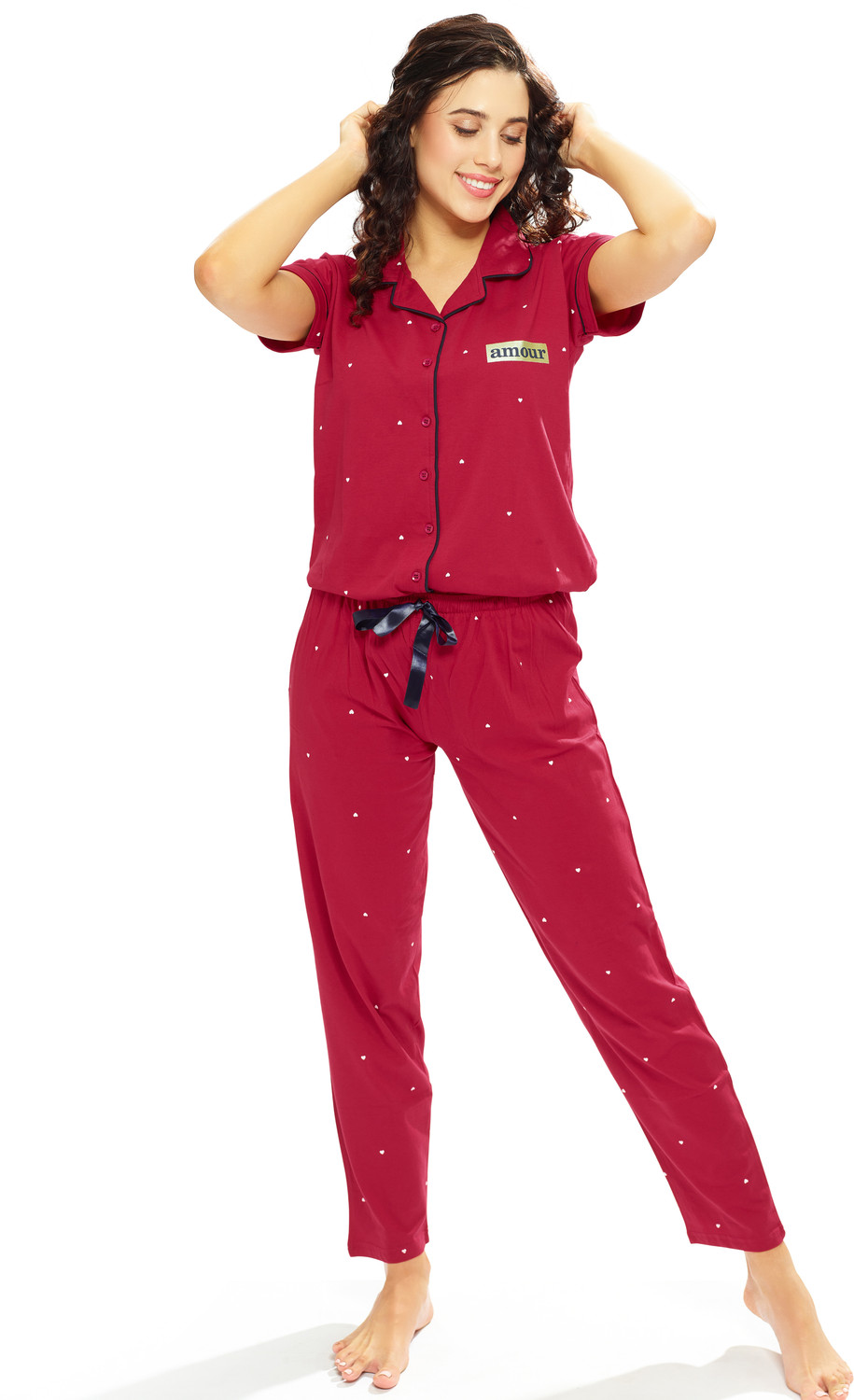Image of LOTIK Women Shirt & Pyjama set Maroon Printed
