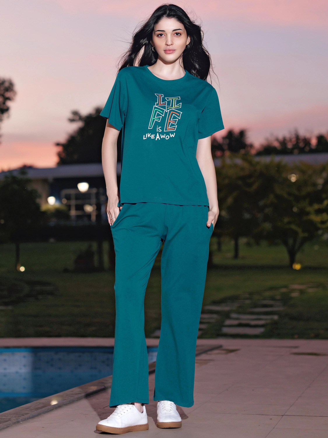 Image of ZEYO Women Conversational Green Top & Pyjama Set