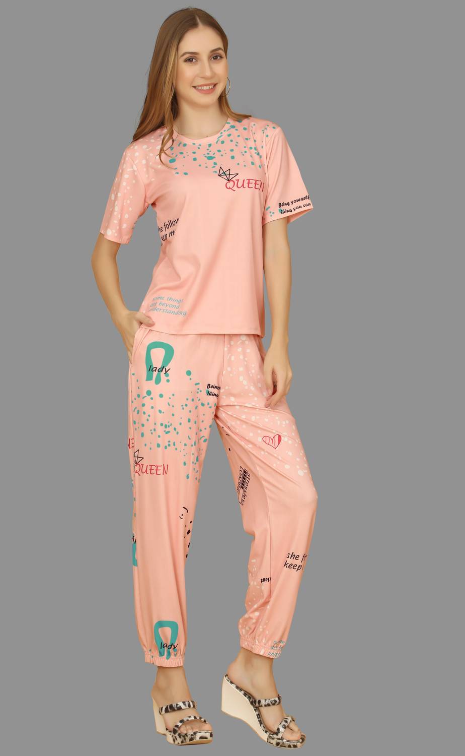 BelleBird Women Printed Pink Top & Pyjama Set