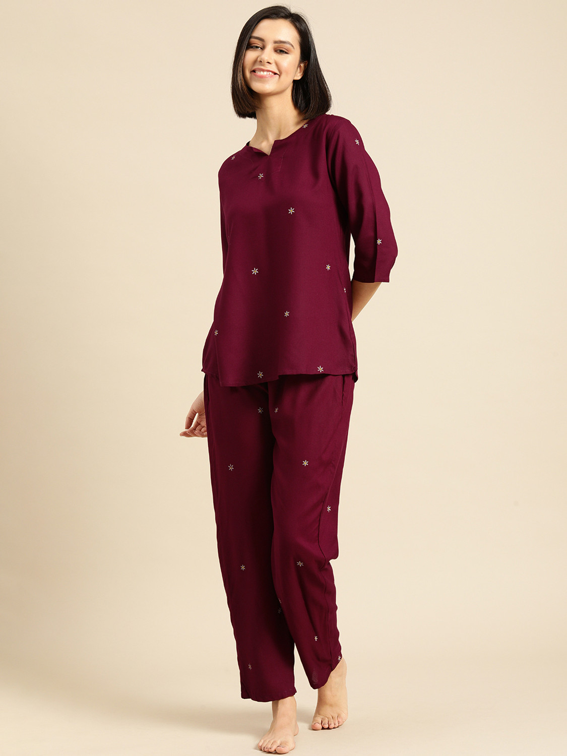 Image of ichaa Women Printed Maroon Night Suit Set