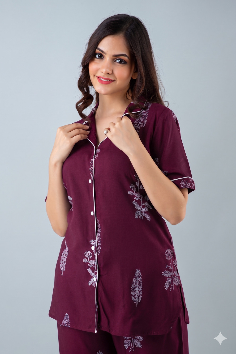 Image of TRINABH Women Printed Purple Shirt & Pyjama set