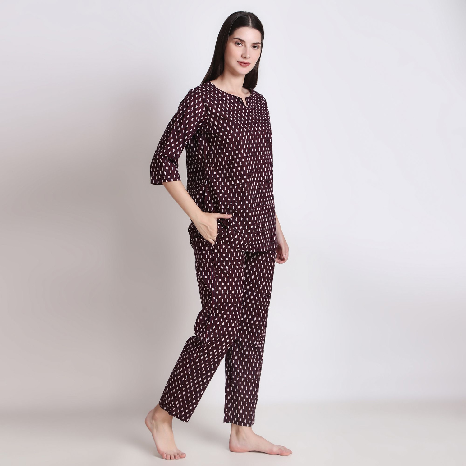 Image of DreamBe Women Printed Maroon Night Suit Set