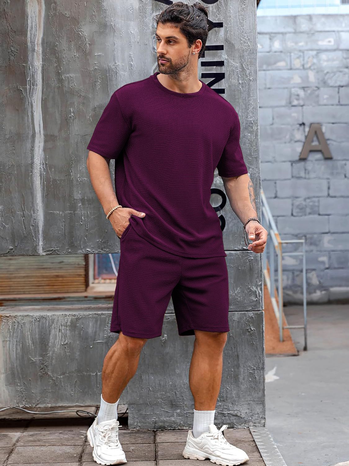 Vogaann Men Self Design Purple Top & Shorts Set