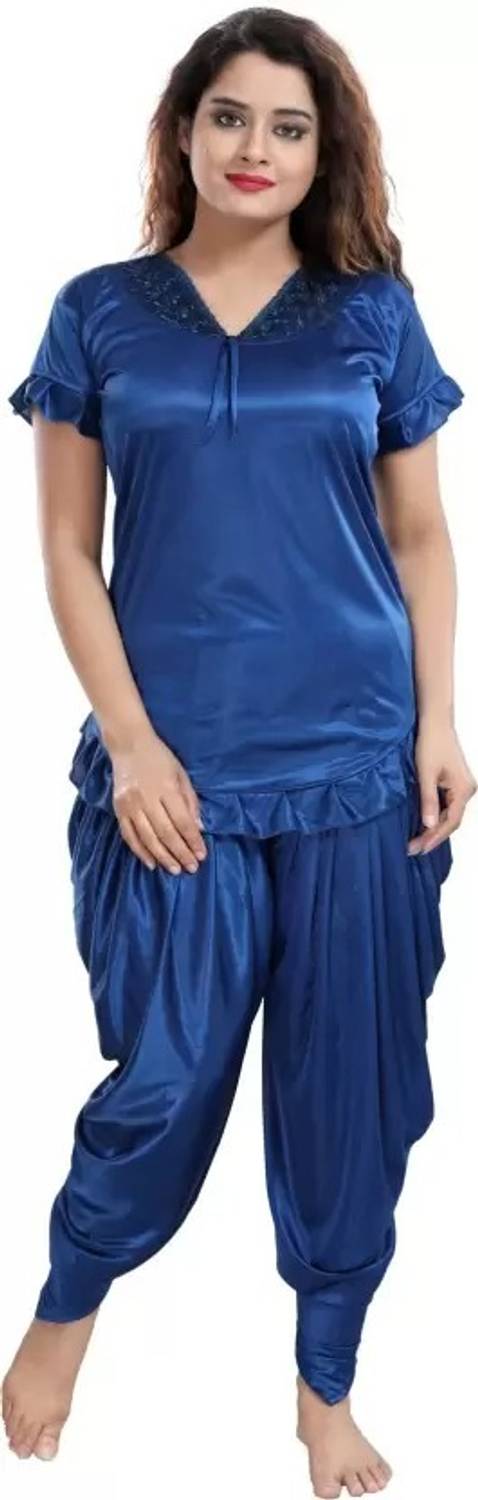 FOXBOOM Women Solid Blue Night Suit Set