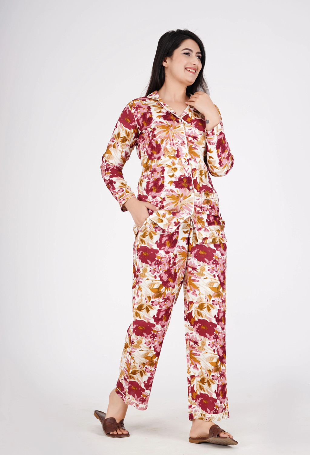 Image of MintMarie Women Floral Print Purple, White Night Suit Set
