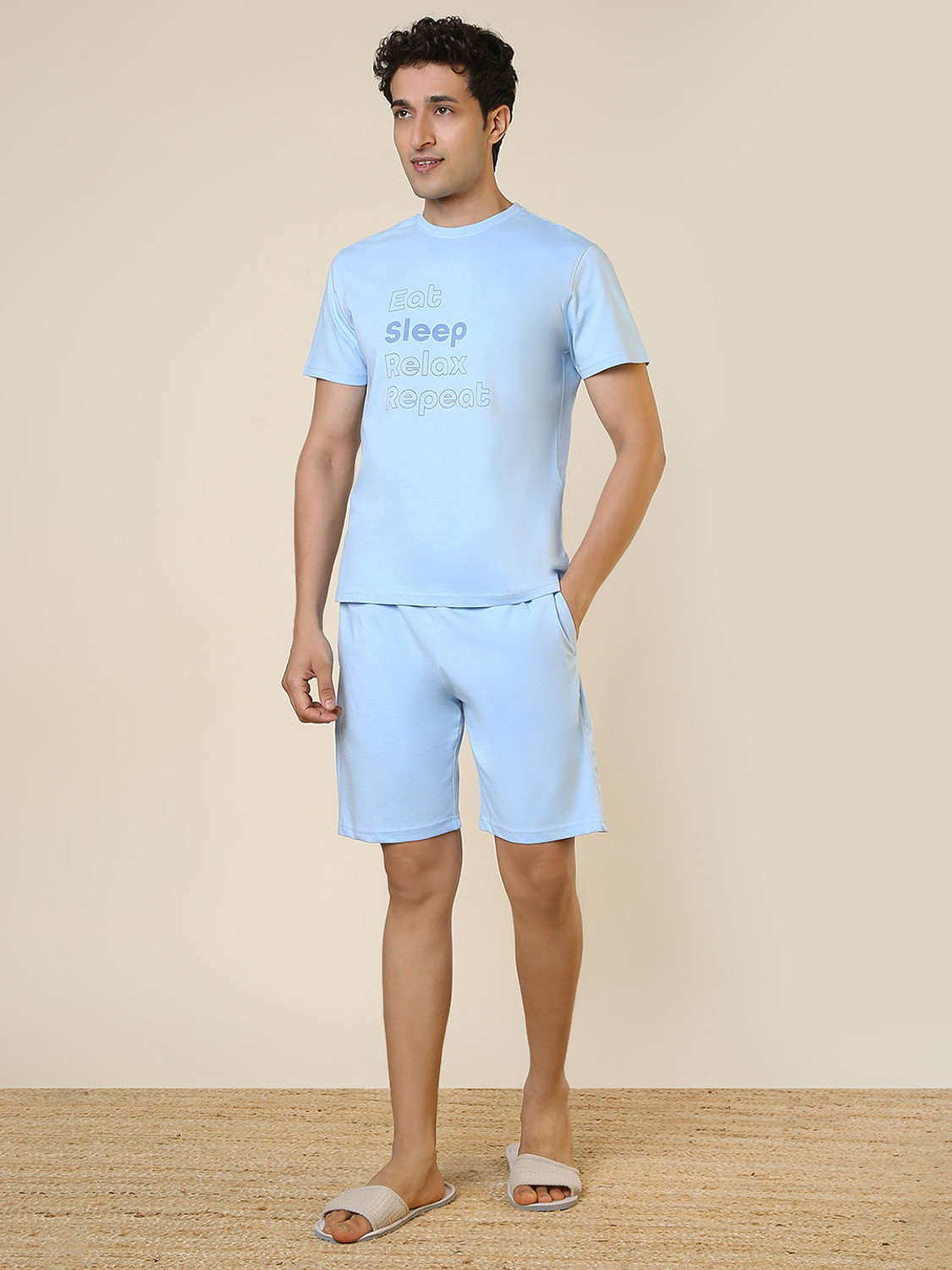 Image of SLEEPZ BY RAYMOND Men Self Design Blue Top & Shorts Set