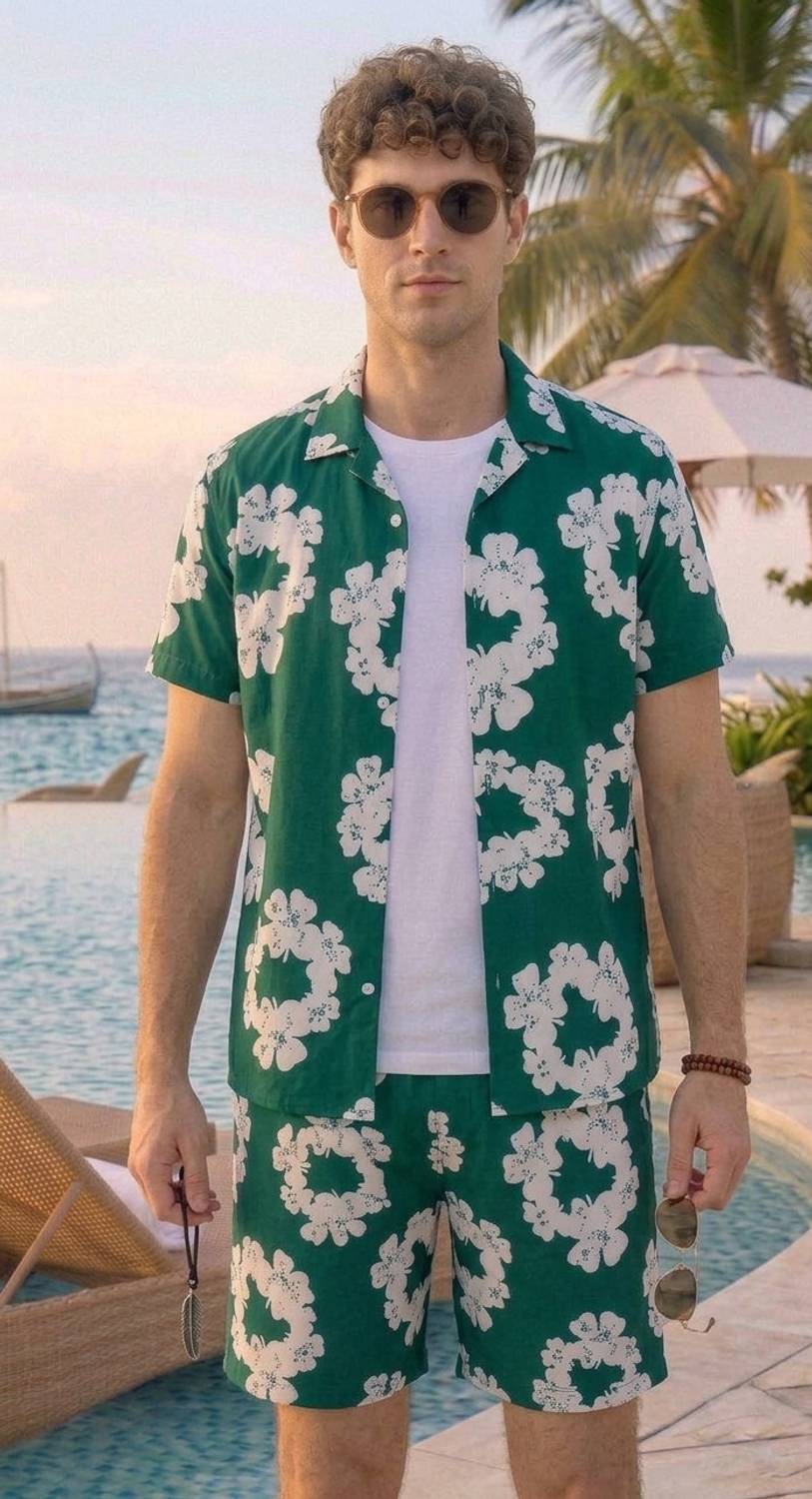 7starenterprise7 Men Printed Green, White Top & Shorts Set