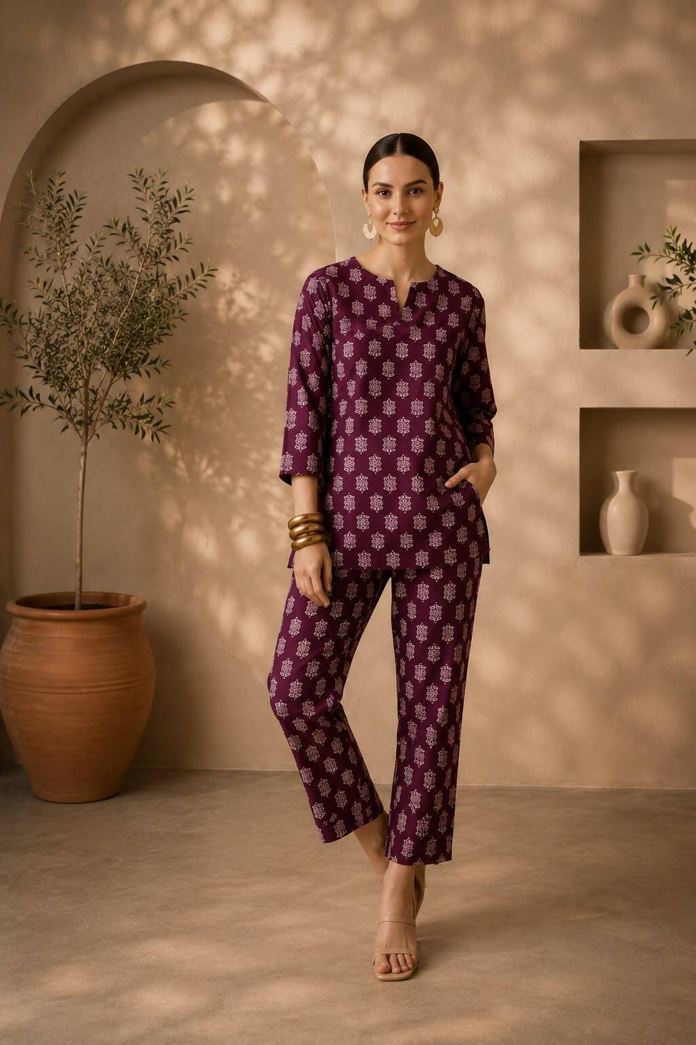Image of Miss Rekha Women Floral Print Maroon Top & Pyjama Set