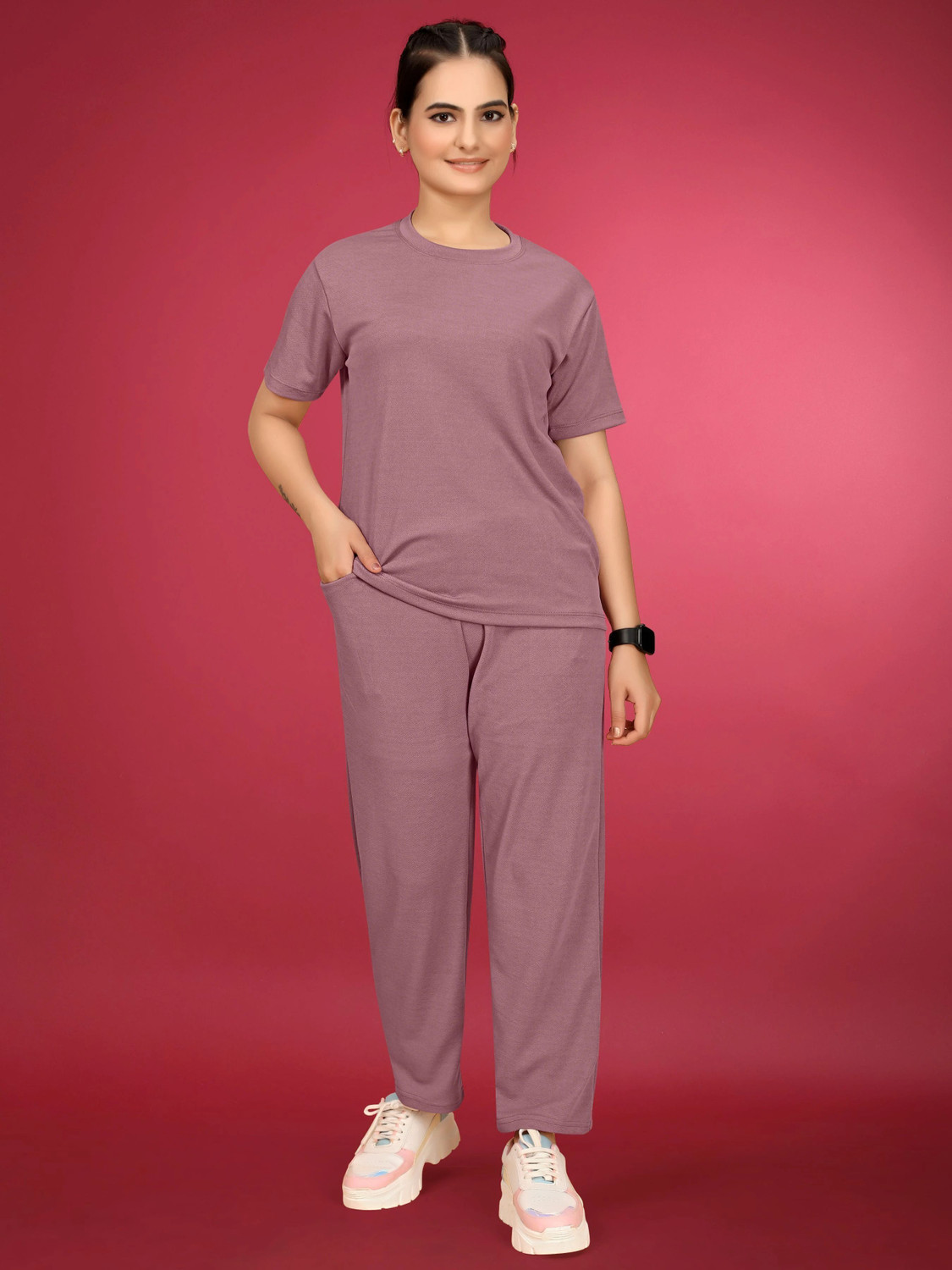 Image of SAKARMAA Women Solid Pink Top & Pyjama Set