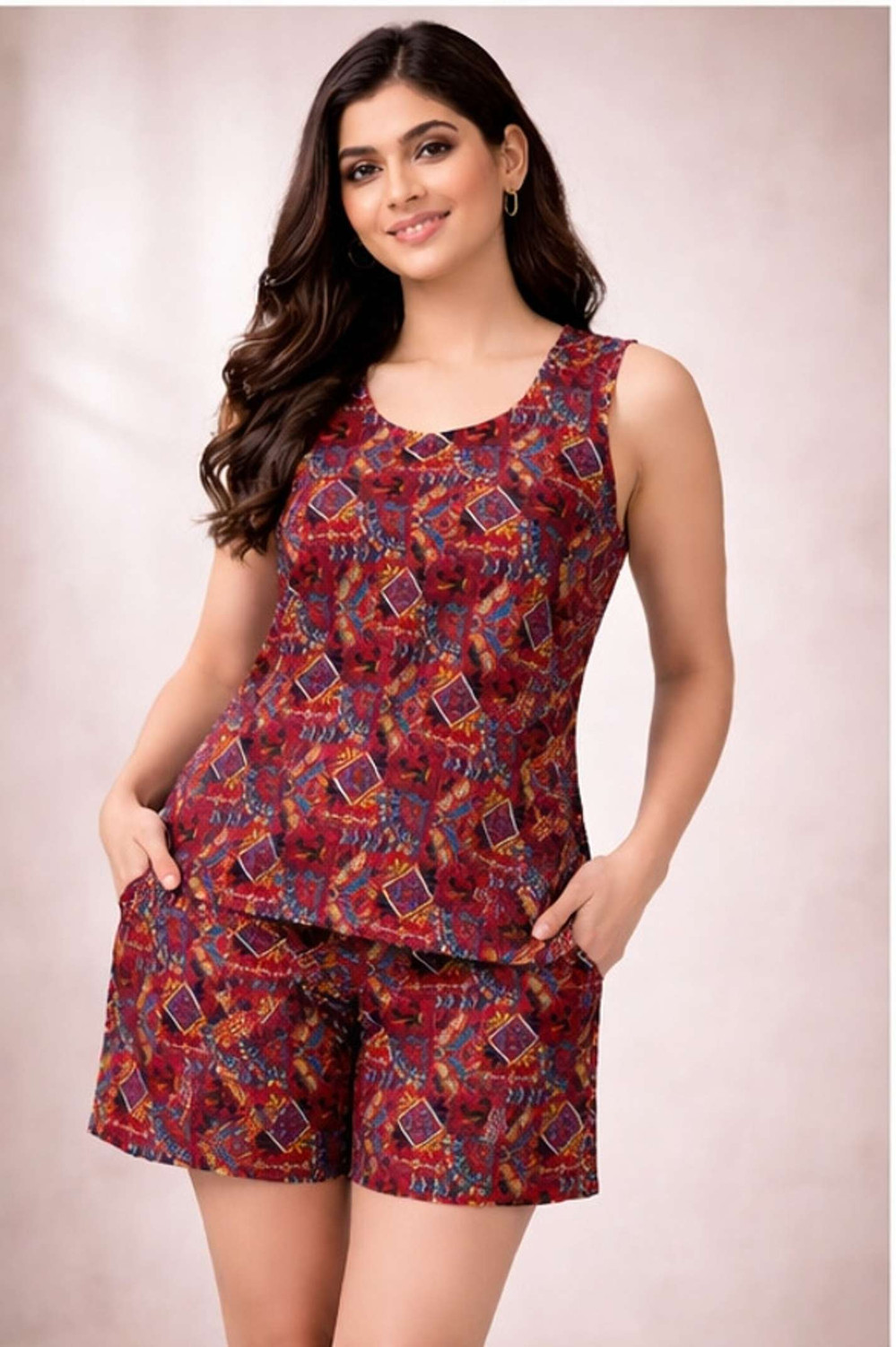 Image of Retailmart Women Top & Shorts Set Red Printed