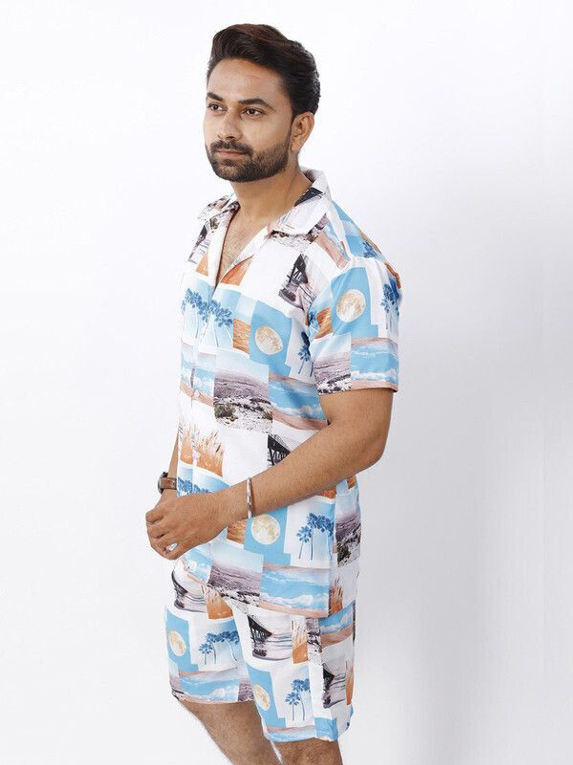 Image of CHEAPSHIRTS Men Printed Light Blue Night Suit Set