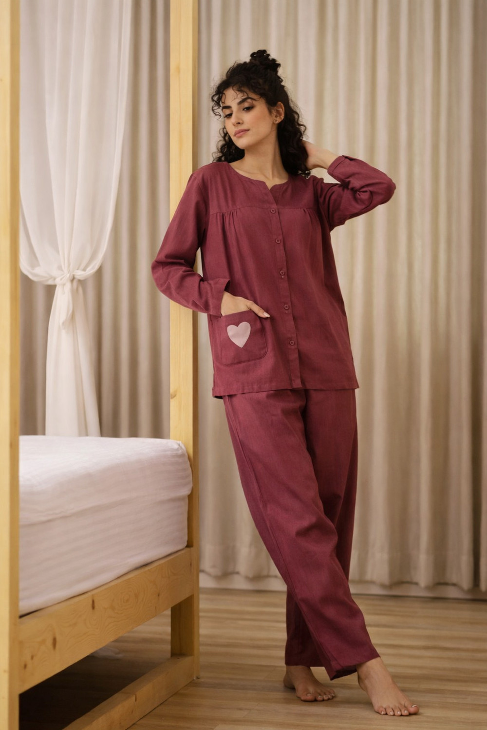 Image of ABHIJEETGARMENT Women Solid, Printed Maroon Top & Pyjama Set