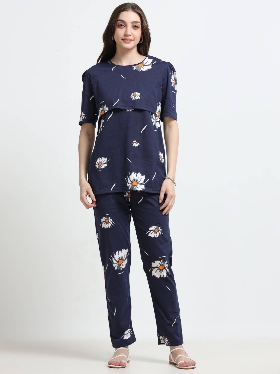BARBET Women Floral Print Dark Blue Top & Pyjama Set