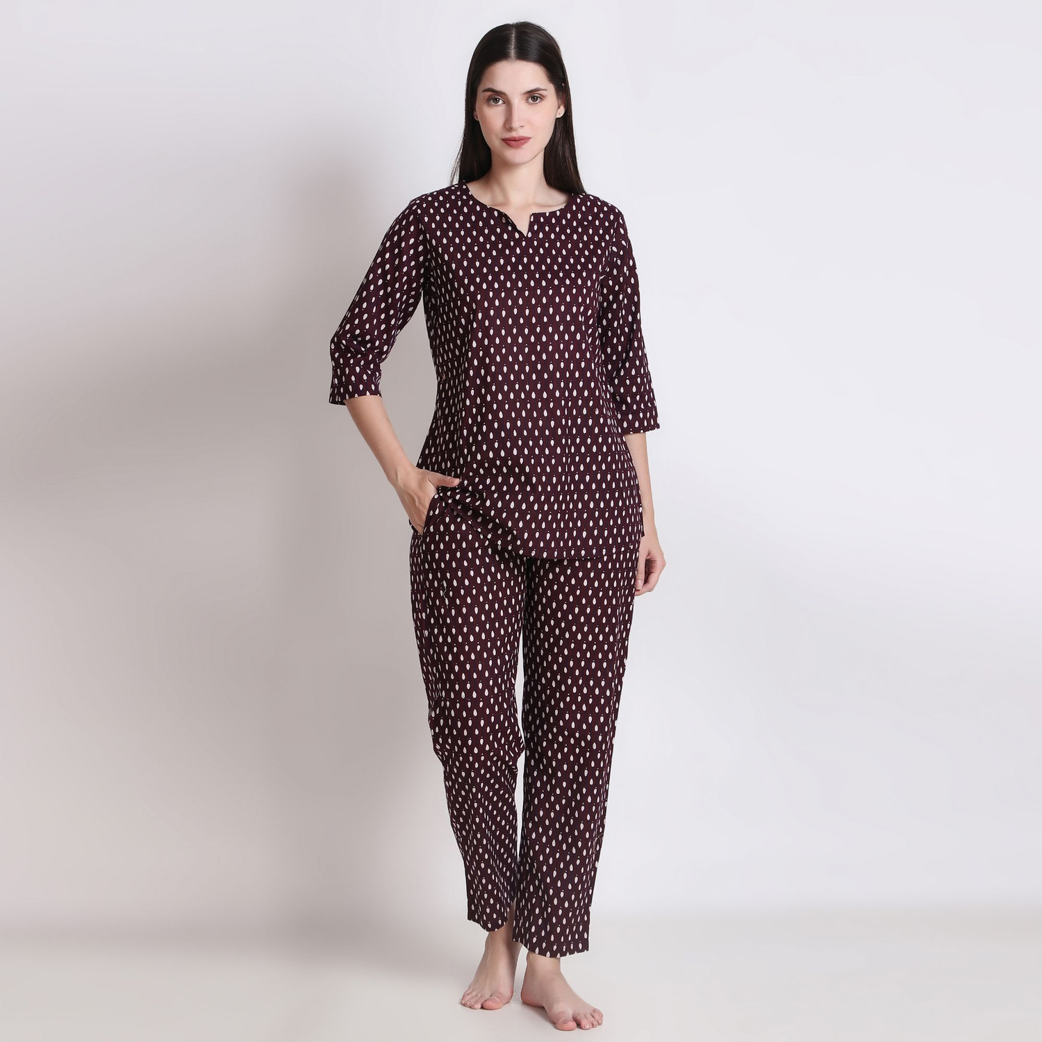 Image of DreamBe Women Printed Maroon Night Suit Set