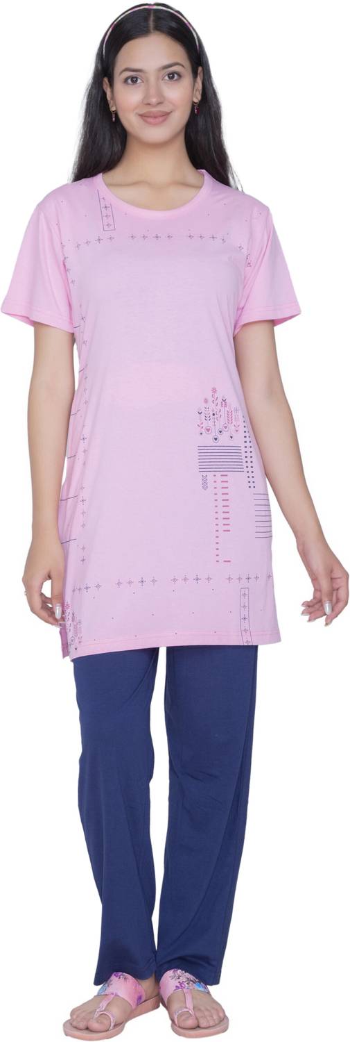AWIBE Women Printed Pink Top & Pyjama Set