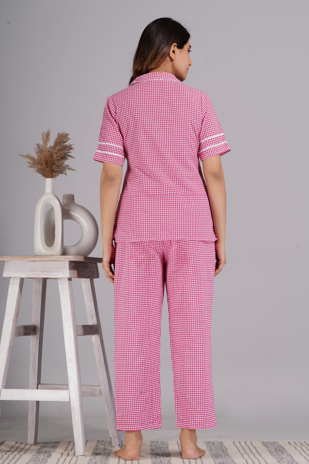 Image of Ameerah Women Checkered Pink Shirt & Pyjama set