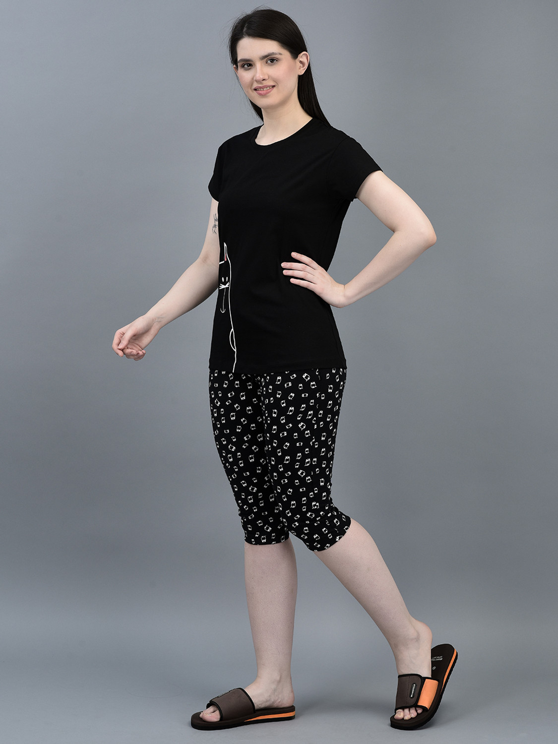 Image of Dollar Missy Women Graphic Print, Solid Black Night Suit Set