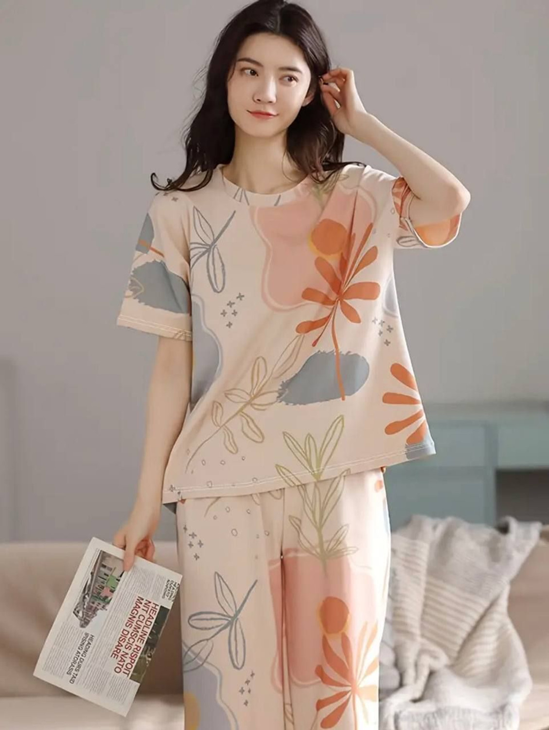 Image of Blacknari Women Night Suit Set Beige Printed, Floral Print