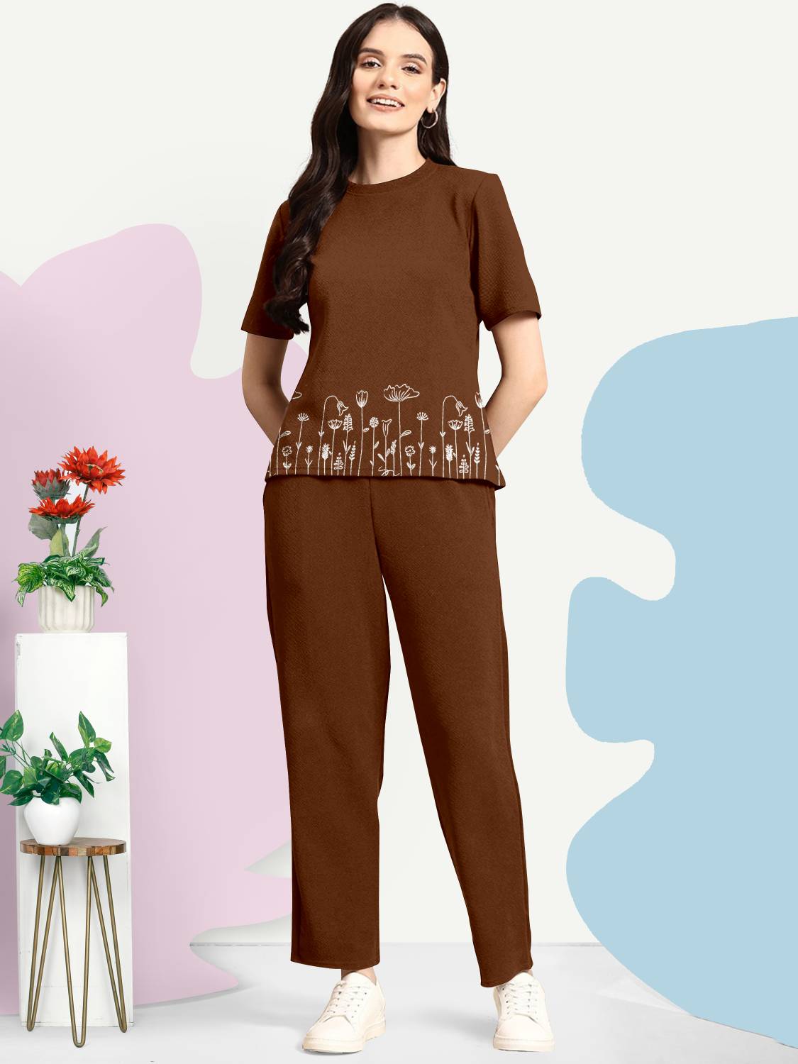 BelleBird Women Printed Brown Top & Pyjama Set