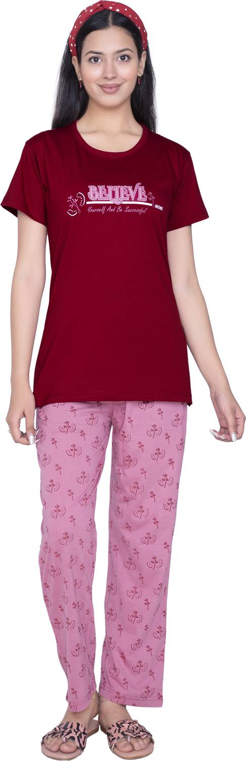 AWIBE Women Cotton Night Suit | 2 Pocket Pajama | Soft Comfortable Sleepwear Women Printed Maroon Night Suit Set