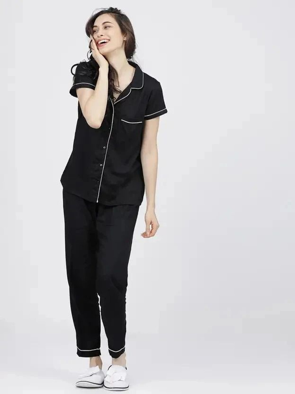 Image of GORDHAN Women Solid Black Shirt & Pyjama set