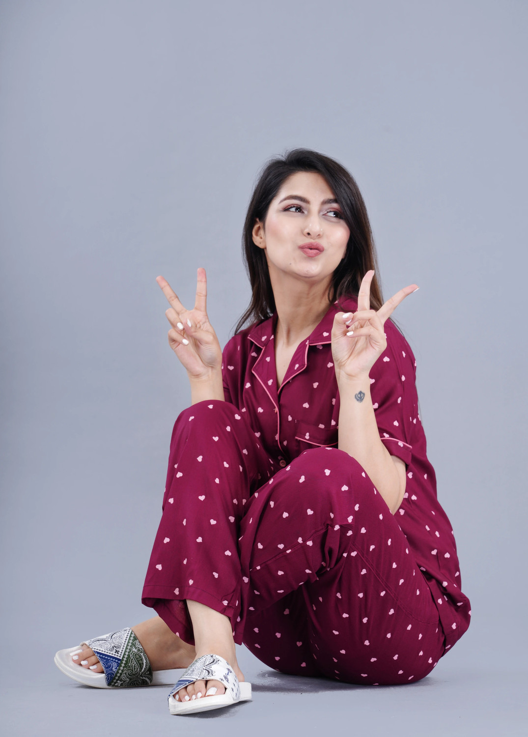 Image of MintMarie Women Printed Maroon Shirt & Pyjama set