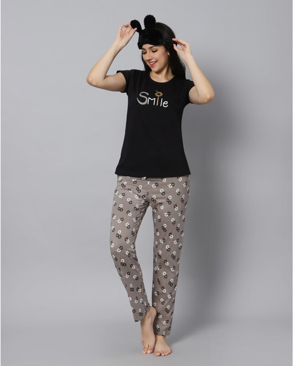 Image of DZZO Women Top & Pyjama Set Black, Grey Printed