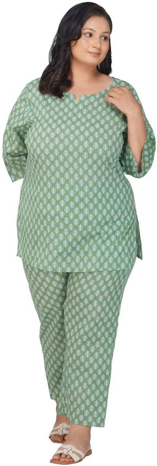 30 Looks Women Printed, Ethnic Motifs Green Night Suit Set