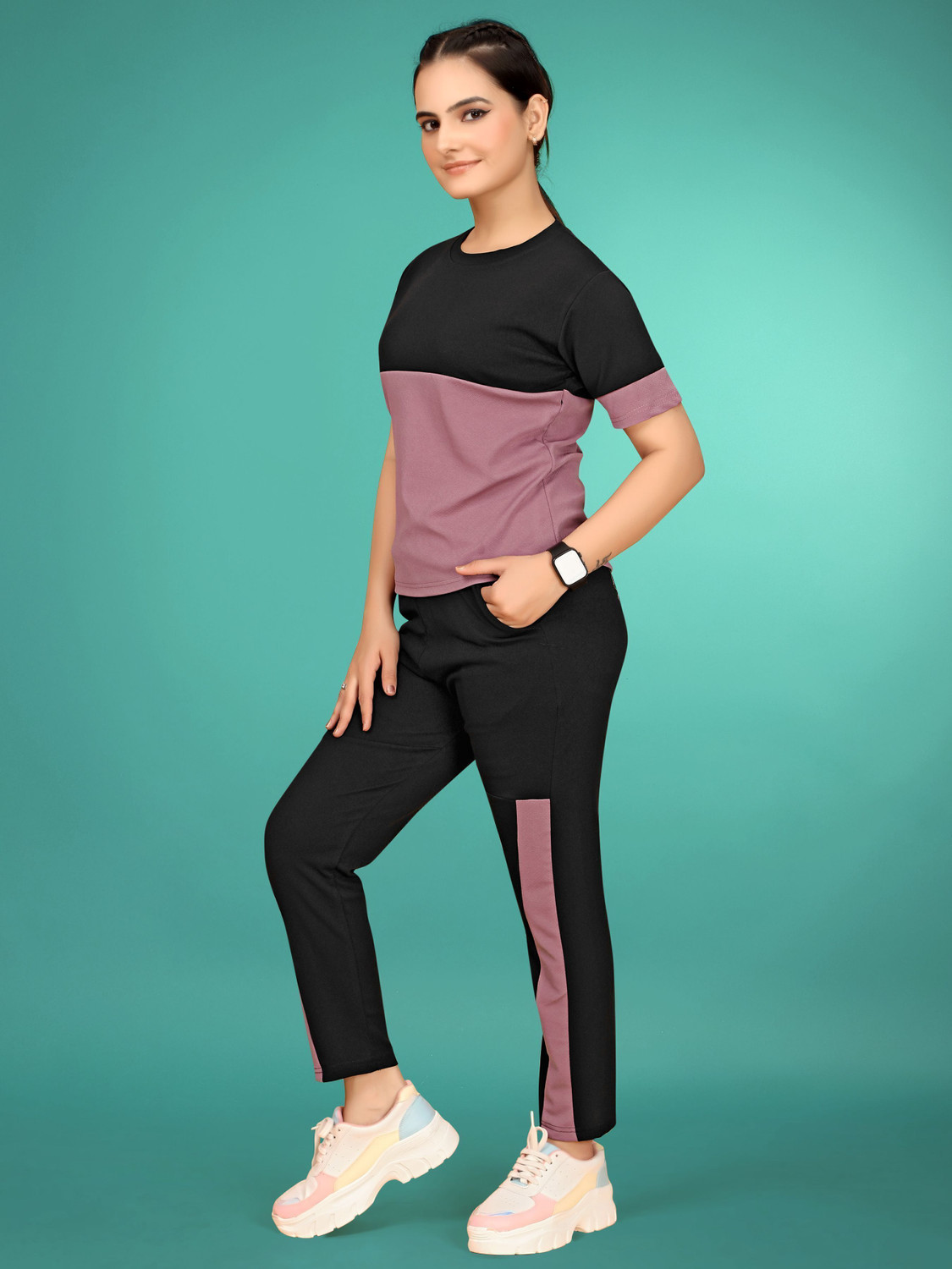 Image of SAKARMAA Women Colorblock Purple, Black Top & Pyjama Set
