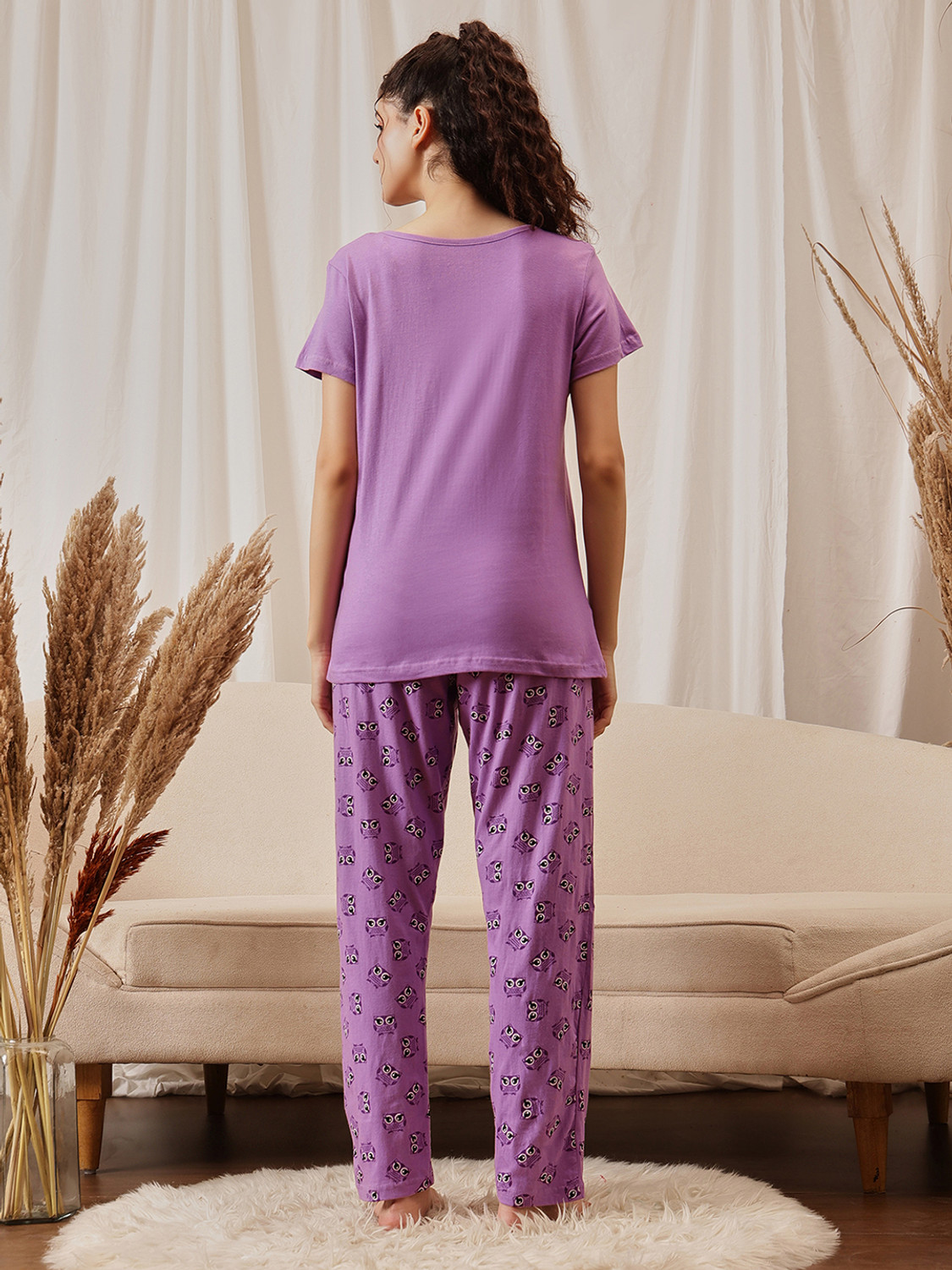 Image of Clovia Women Printed Purple Top & Pyjama Set