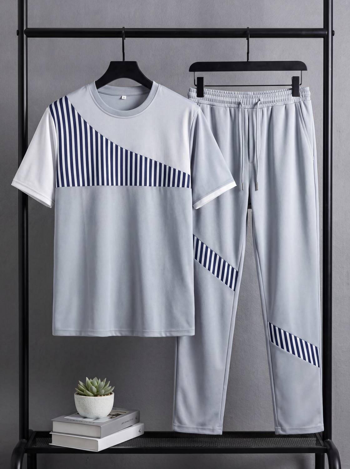 BRUSEANT Men Striped Grey Night Suit Set