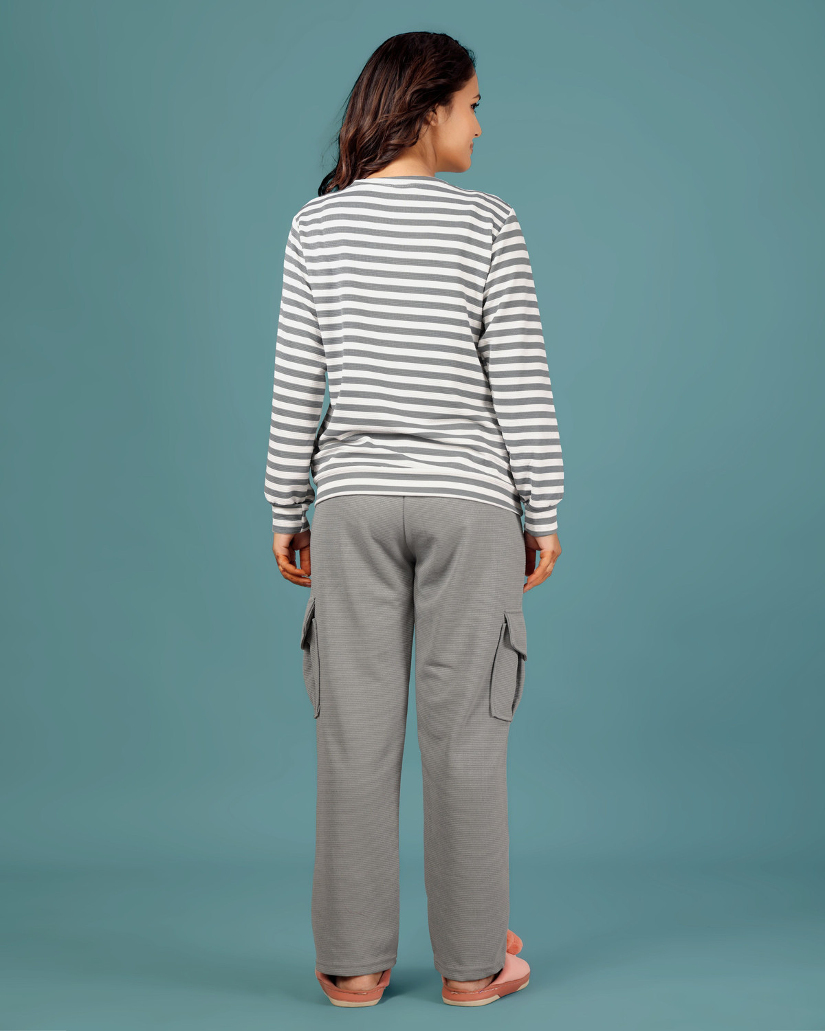Image of SAKARMAA Women Striped, Solid Grey Top & Pyjama Set