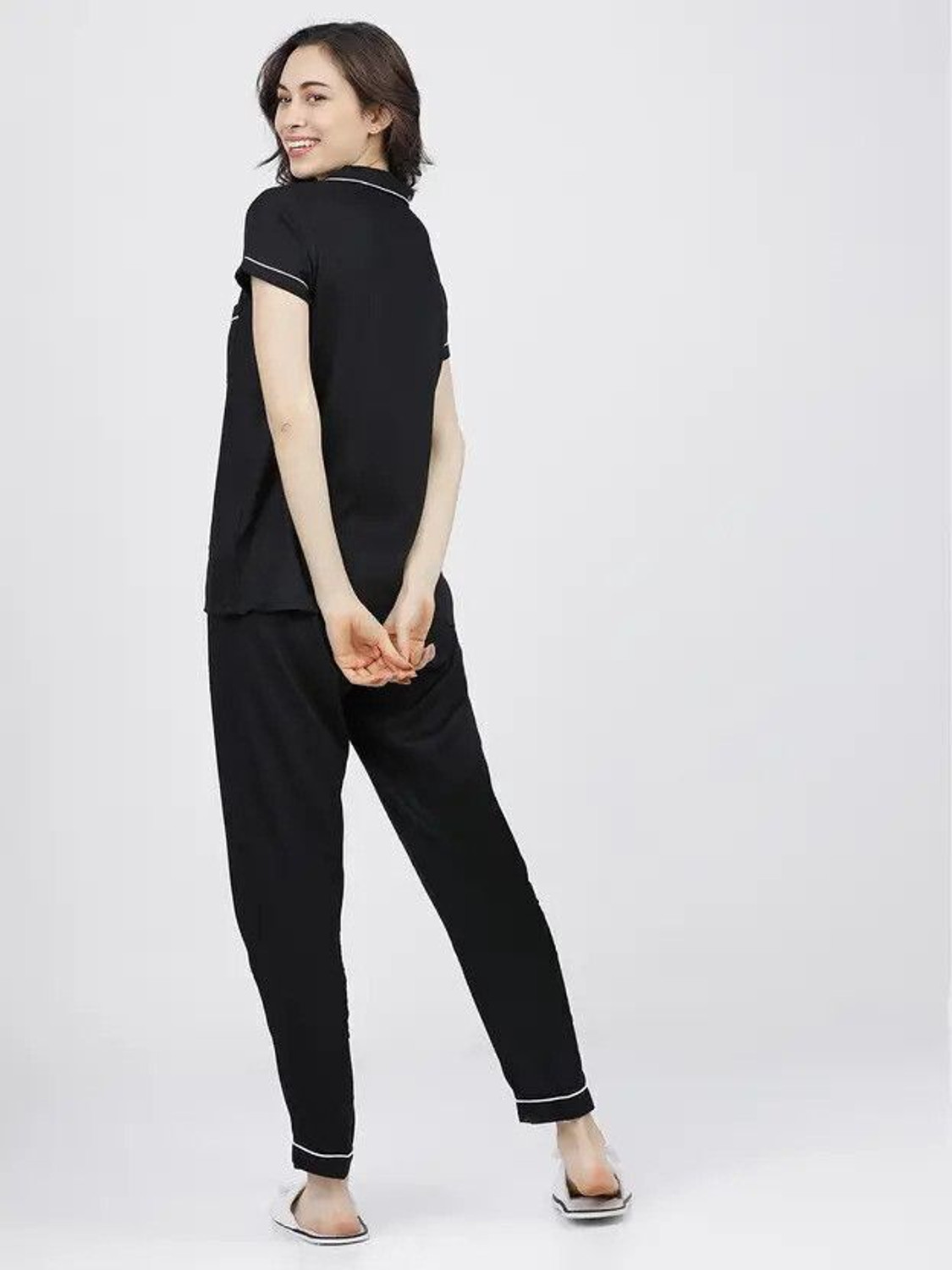 Image of GORDHAN Women Solid Black Shirt & Pyjama set