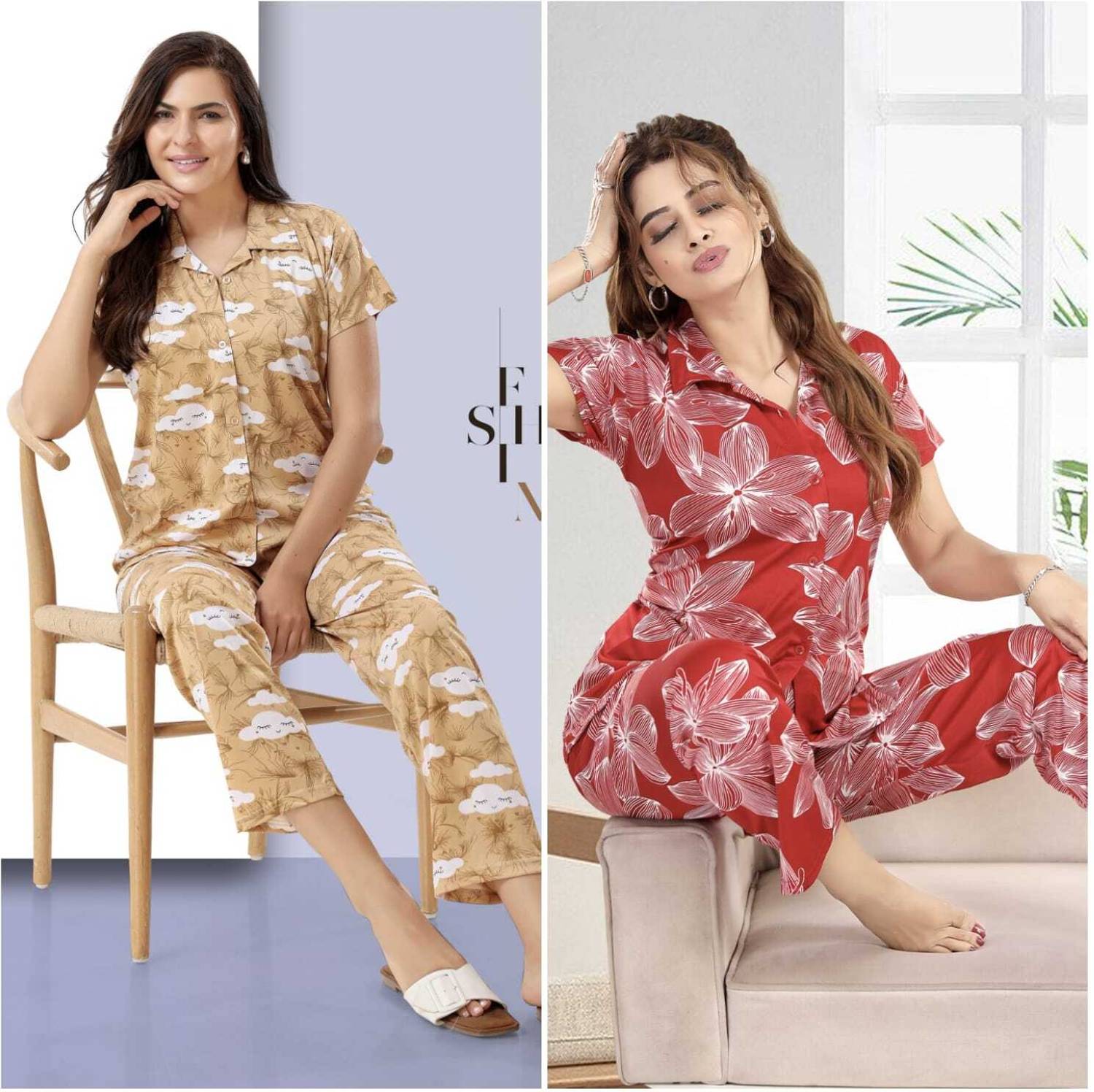 capasino Women Printed Multicolor Night Suit Set