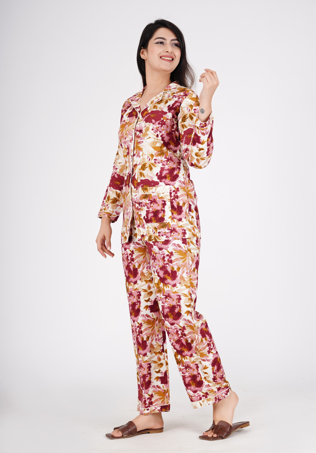 Image of MintMarie Women Floral Print Purple, White Night Suit Set