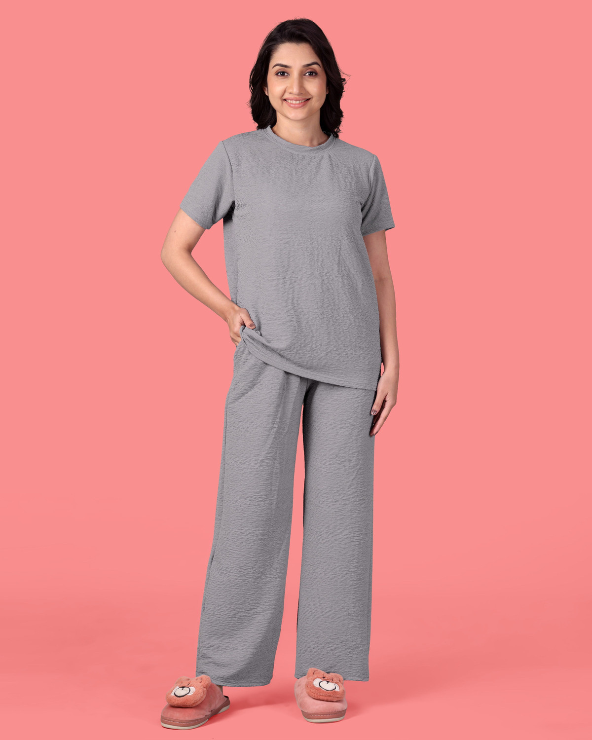 Image of METRONAUT Women Solid Grey Top & Pyjama Set
