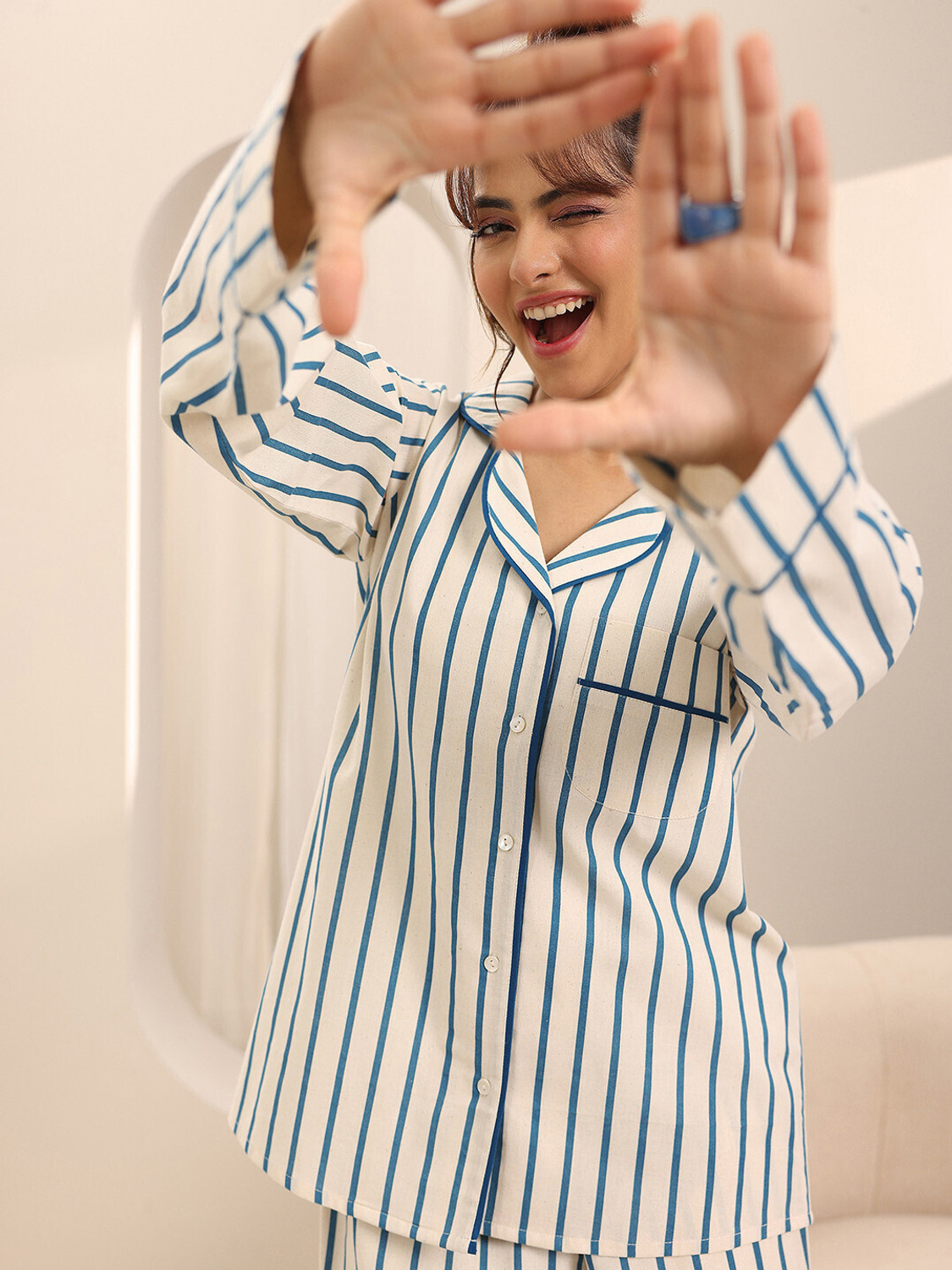Image of LIBAS Women Striped White Night Suit Set