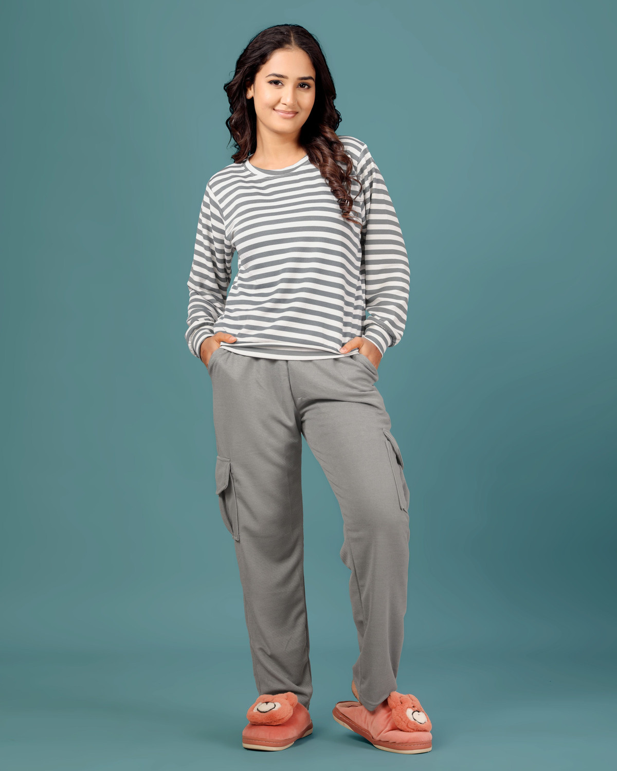 Image of SAKARMAA Women Striped, Solid Grey Top & Pyjama Set