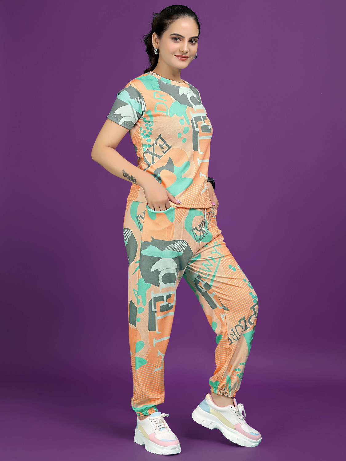 Image of METRONAUT Women Printed, Self Design Multicolor Top & Pyjama Set