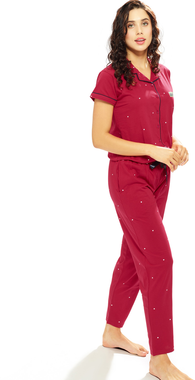 Image of LOTIK Women Shirt & Pyjama set Maroon Printed