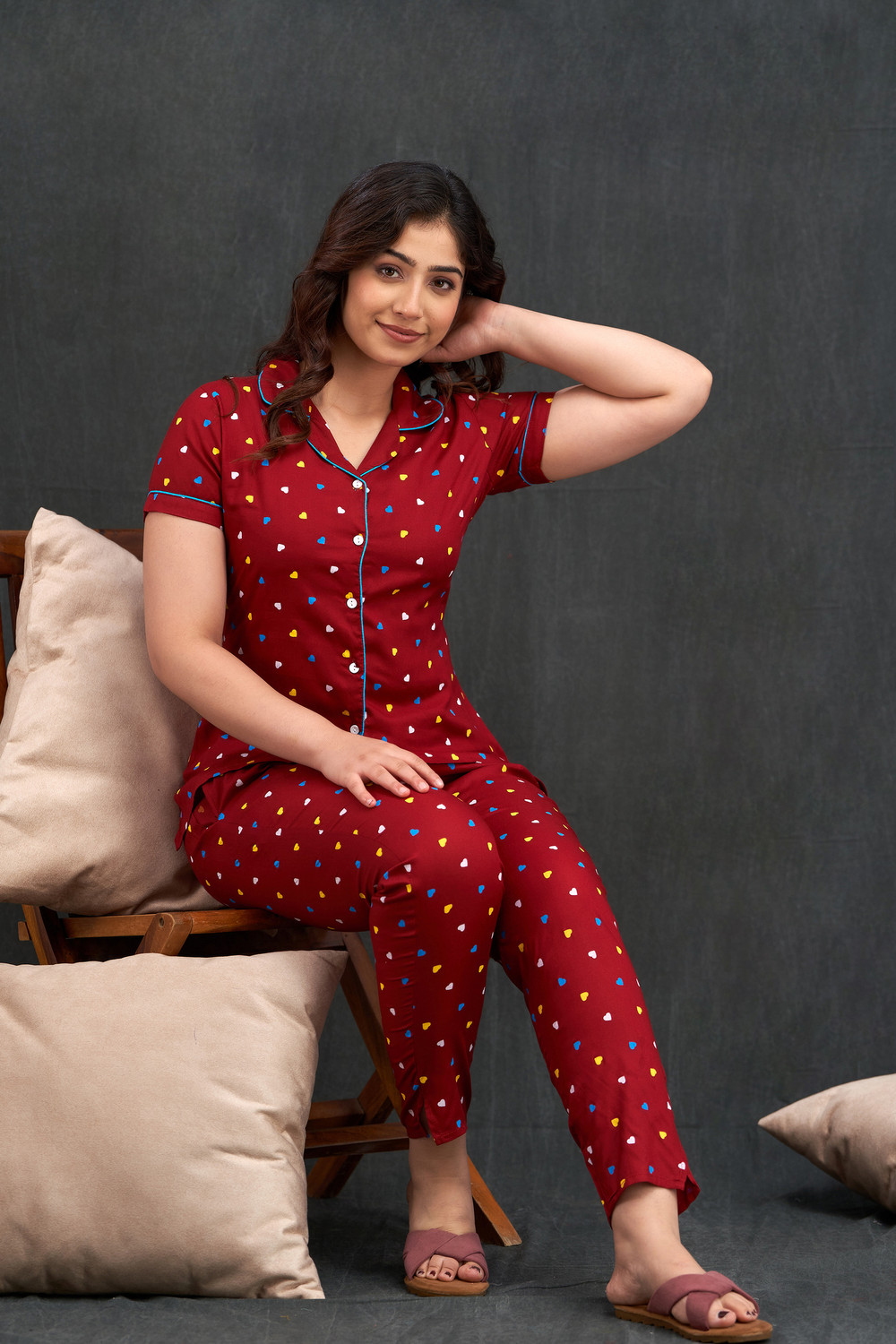 Image of TRINABH Women Night Suit Set Maroon Printed