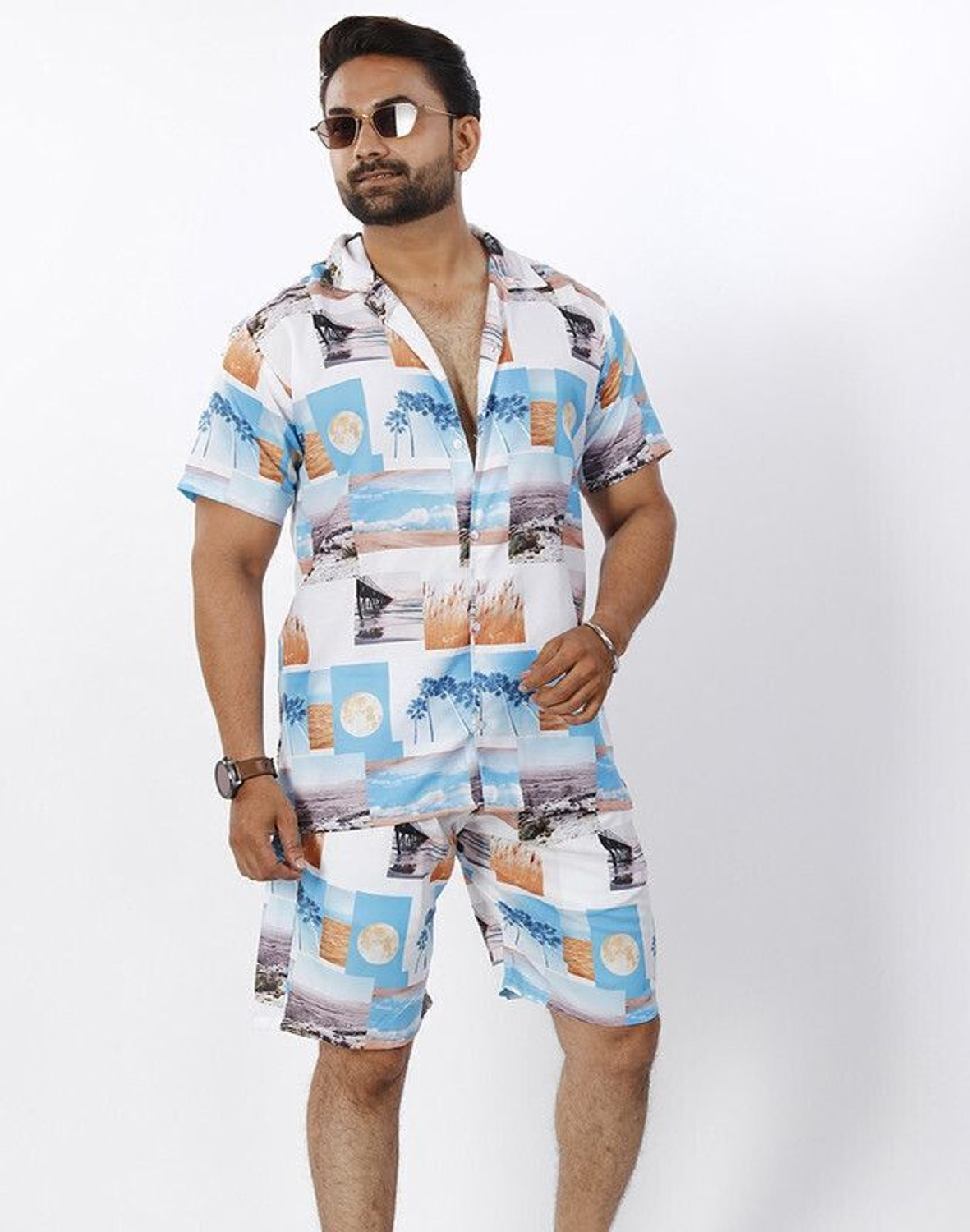 Image of CHEAPSHIRTS Men Printed Light Blue Night Suit Set