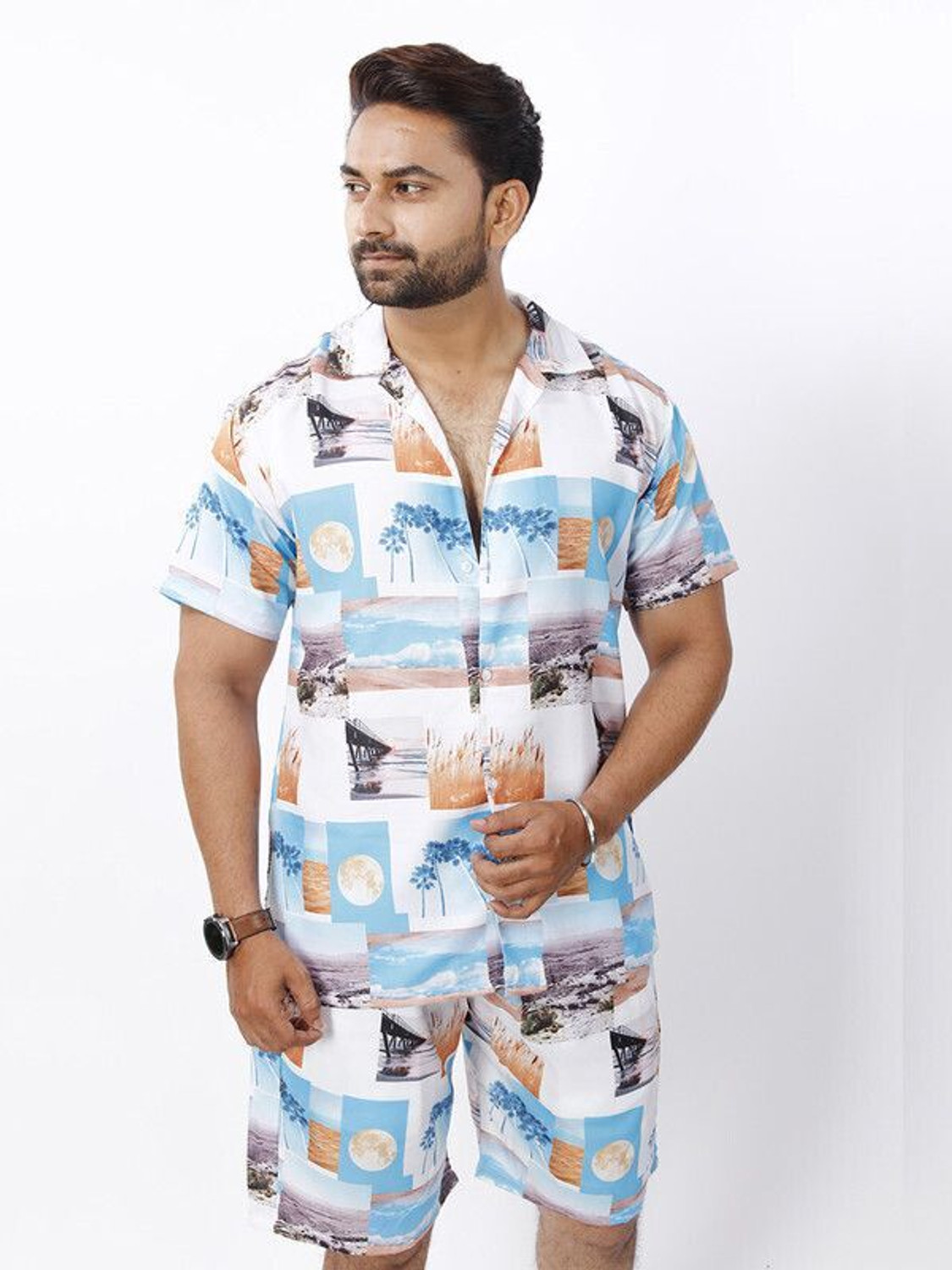 Image of CHEAPSHIRTS Men Printed Light Blue Night Suit Set