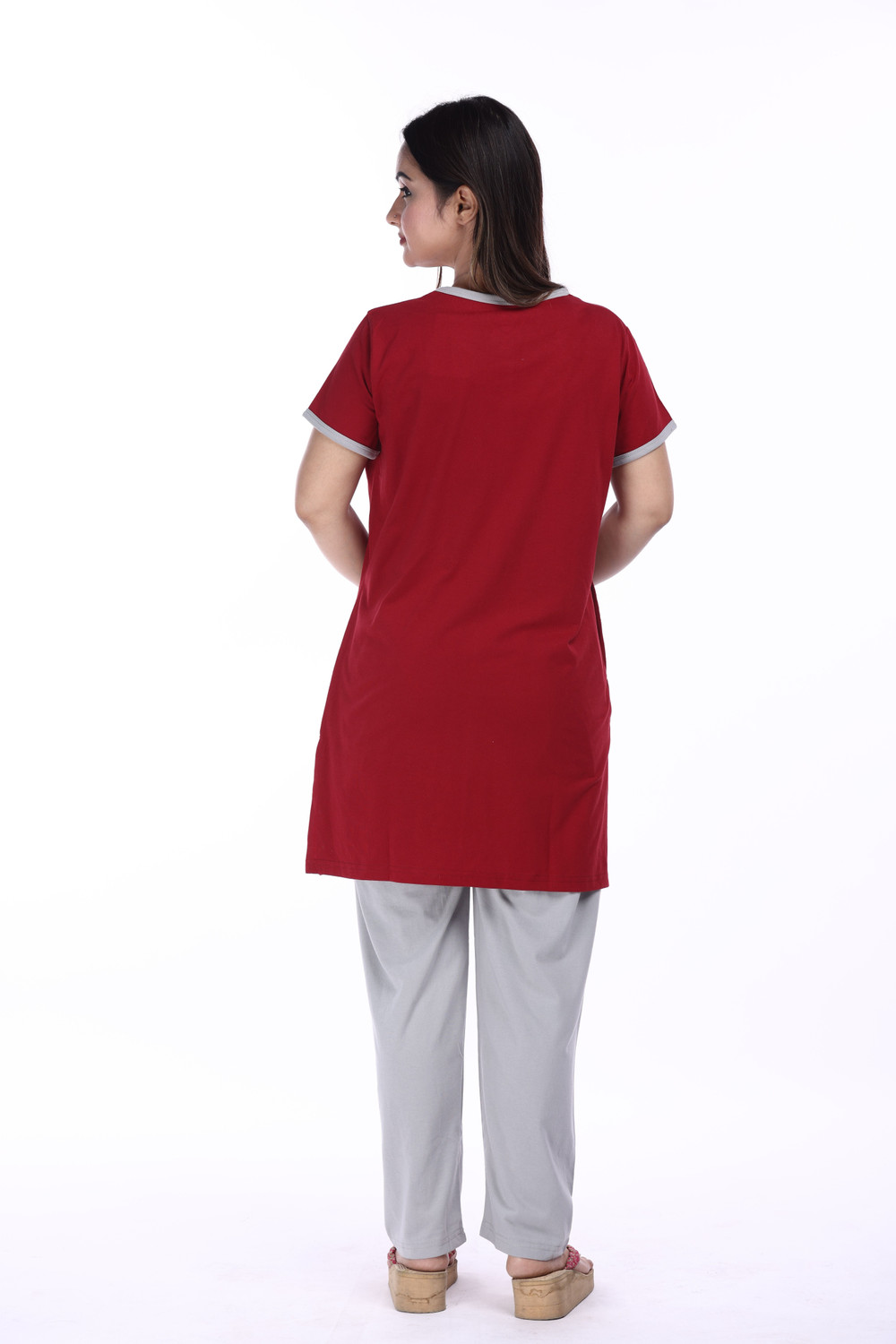 Image of E-MAX Women Printed Maroon, Grey Night Suit Set