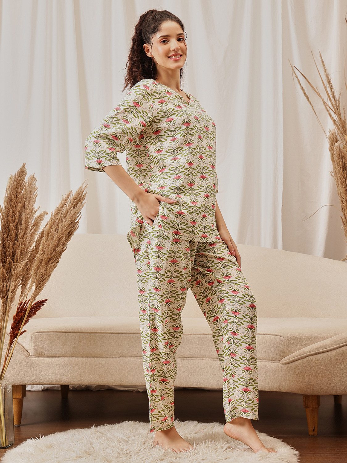 Image of Clovia Women Printed Multicolor Top & Pyjama Set