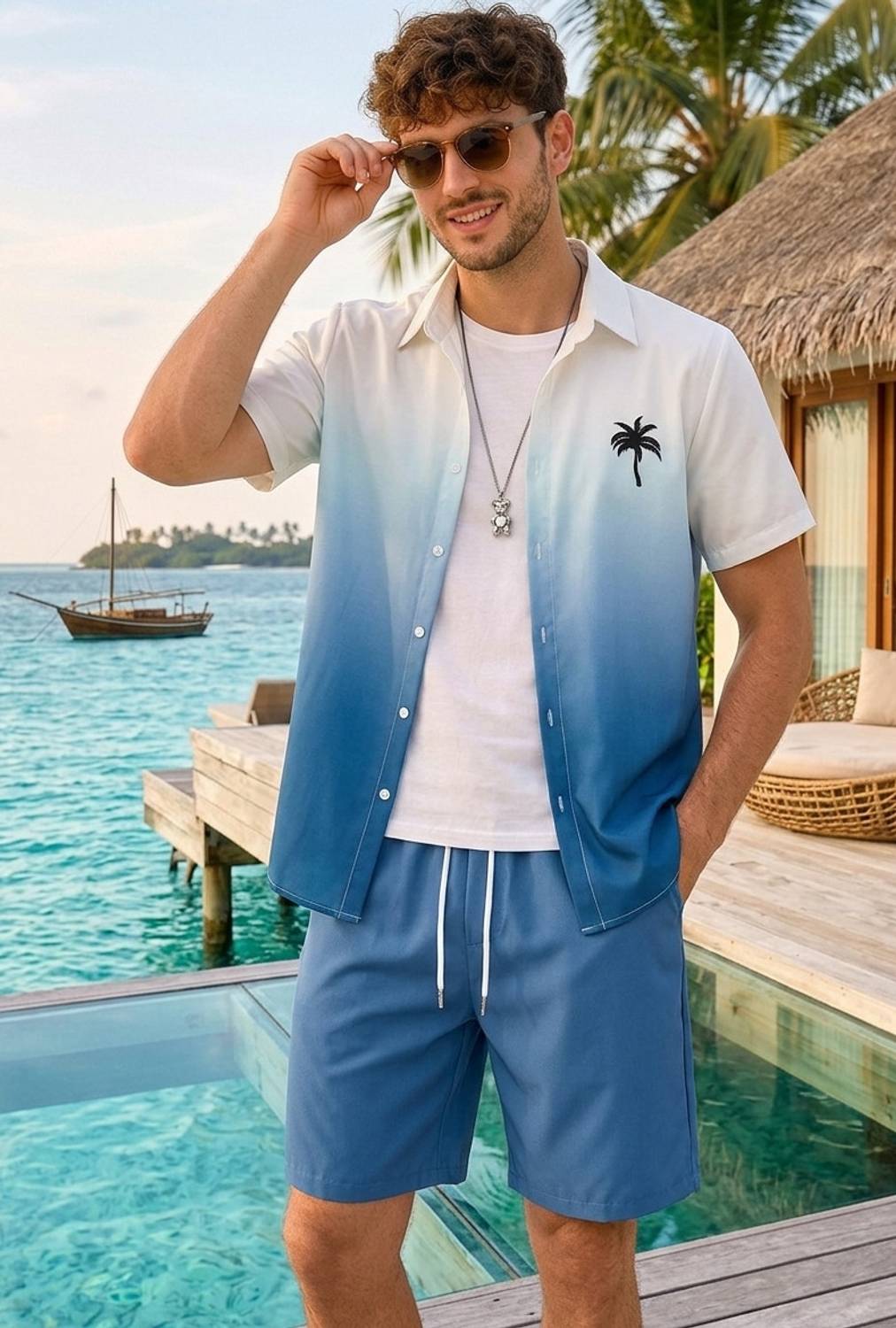 7starenterprise7 Men Printed Light Blue, White Top & Shorts Set