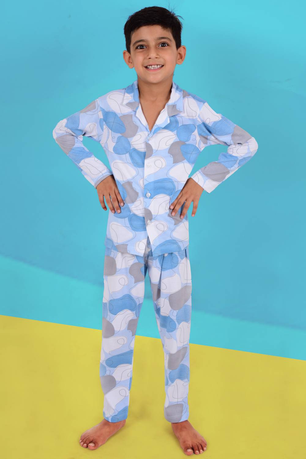 3BROS Boys & Girls Printed White Night Suit Set